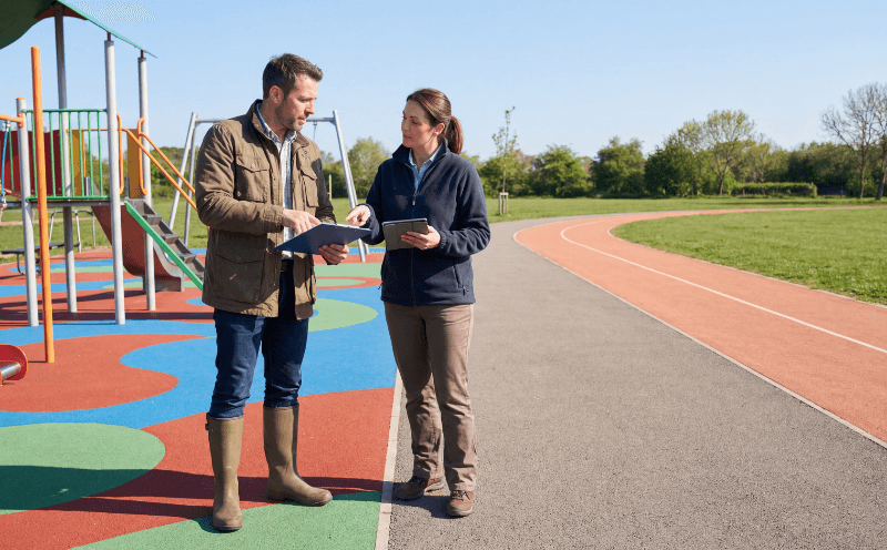 Du specialistai apžiūri ir aptaria projektą lauko sporto ir vaikų žaidimų aikštelėje, laikydami planšetę ir dokumentus.